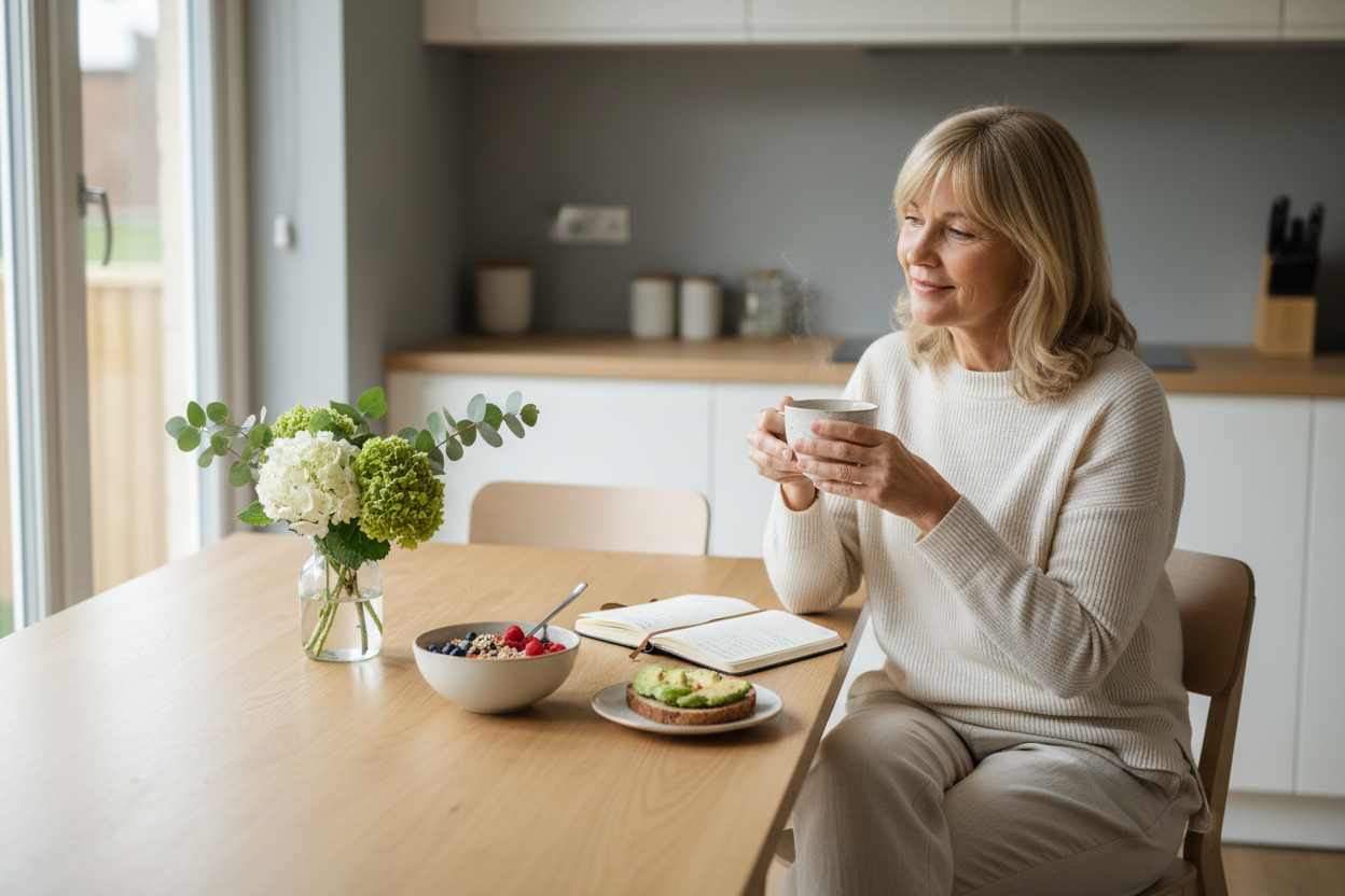 Mature woman enjoying wellness routine with menopause supplements and herbal tea in UK home