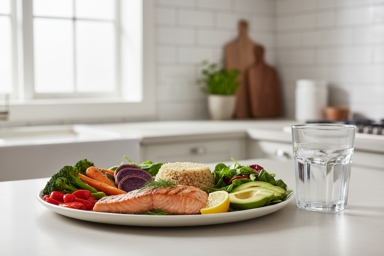 Healthy high-protein meal with salmon, vegetables, and leafy greens for GLP-1 weight management support