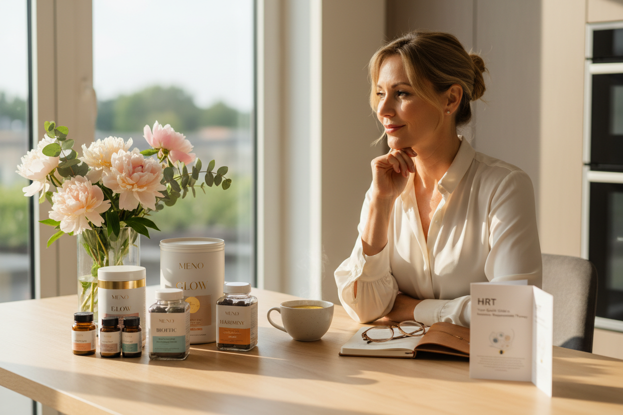 Filename: hrt-vs-natural-supplements-menopause-meno-products.jpg Alt text: Woman comparing HRT and natural menopause supplements including Meno collagen, probiotics and ashwagandha on kitchen table