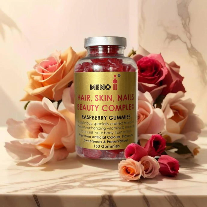 Meno® Hair, Skin & Nails Beauty Raspberry flavoured gummies.