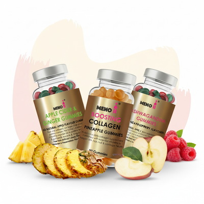 Meno glow and balance gummy bundle - menopause beauty metabolism stress support with collagen apple cider vinegar ashwagandha