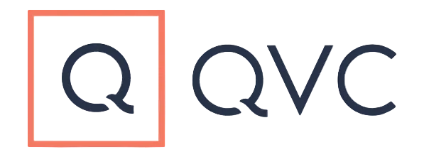 QVC logo with a red square and blue text on a white background