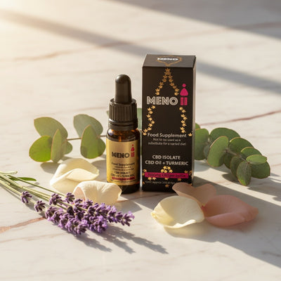 Woman using Meno Calm Drops for peri-menopause sleep support and relaxation