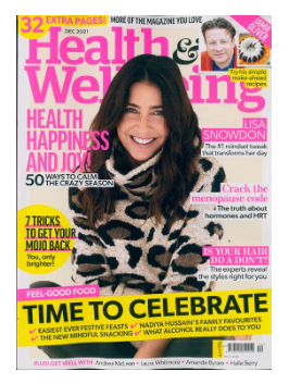 Magazine cover of 'Health & Wellbeing' featuring a woman in a leopard print coat.